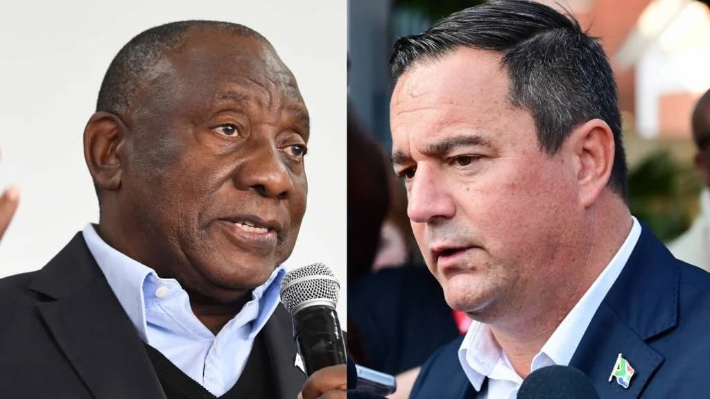 President Cyril Ramaphosa (left) and DA leader John Steenhuisen (right)