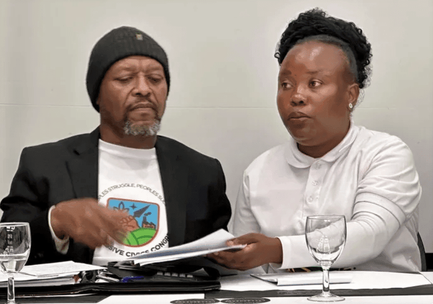 Mthunzi Luthuli of Progressive Civics Congress and Rachel Makhubele of Defend South Africa at a Progressive Forces of South Africa briefing, demanding the repatriation of former Zambian President Edgar Lungu’s body to Zambia.