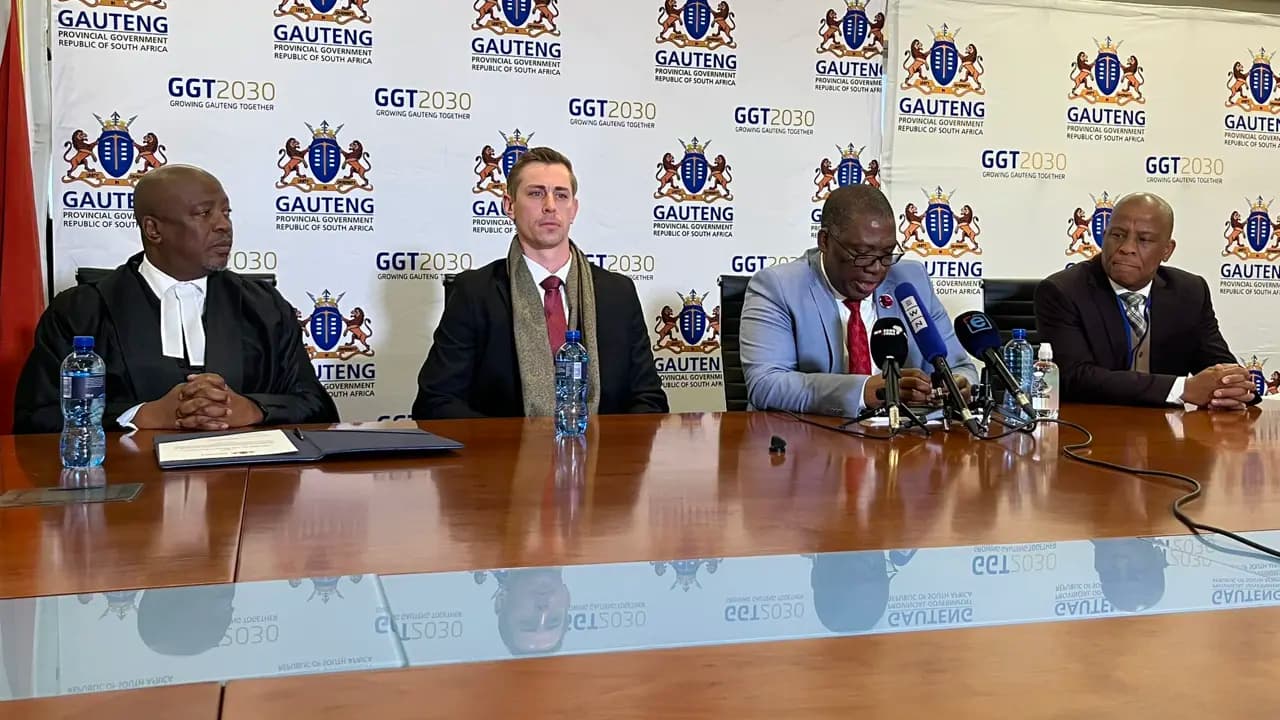 Gauteng Premier Panyaza Lesufi second from right addresses the media in Johannesburg on 25 June 2025