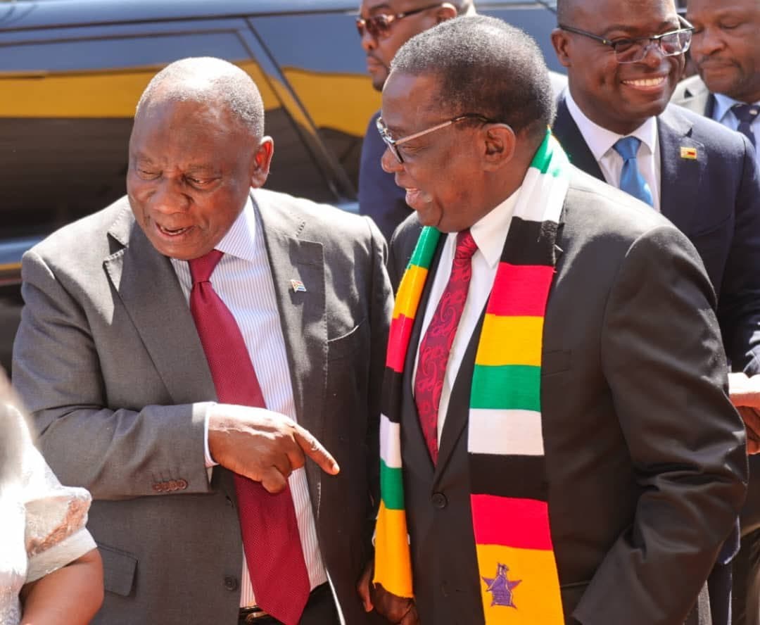 South African President Cyril Ramaphosa arrives in Harare at the invitation of Zimbabwean President Emmerson Mnangagwa for a working visit and to open the annual Zimbabwe Agricultural Show as guest of honor. (Nick Mangwana/X)