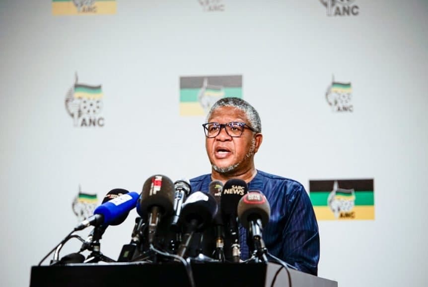 ANC Secretary-General Fikile Mbalula speaking at podium