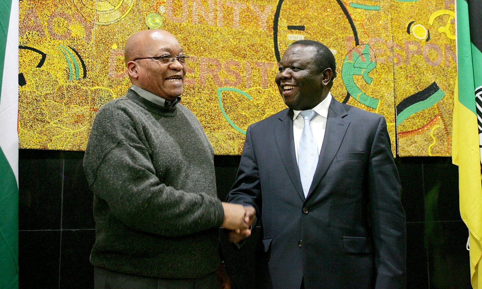 South African leader Jacob Zuma shakes hands with Tsvangirai in Johannesburg at the African National Congress Headquarters in 2009 | Report Focus News