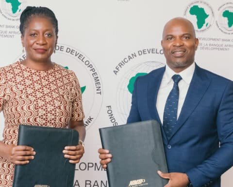 AfDB Country Manager for Zimbabwe Moono Mupotola and Gerald Gore NMB Bank CEO at the signing of an agreement for a $15 m trade facility in Harare