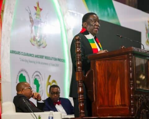 Zimbabwe's President Emmerson Mnangagwa addresses international creditors in Harare