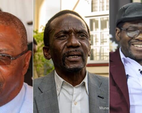 A composite image showing three Zimbabwean politicians Welshman Ncube wearing glasses and a white shirt left Jameson Timba in a checked grey suit jacket center and Sengezo Tshabangu in a burgundy blazer white shirt and flat cap smiling right Report Focus News