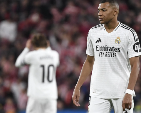 Real Madrid s French forward Kylian Mbappe reacts during the Spanish league football match between Athletic Club Bilbao and Real Madrid CF at the San Mames stadium in Bilbao