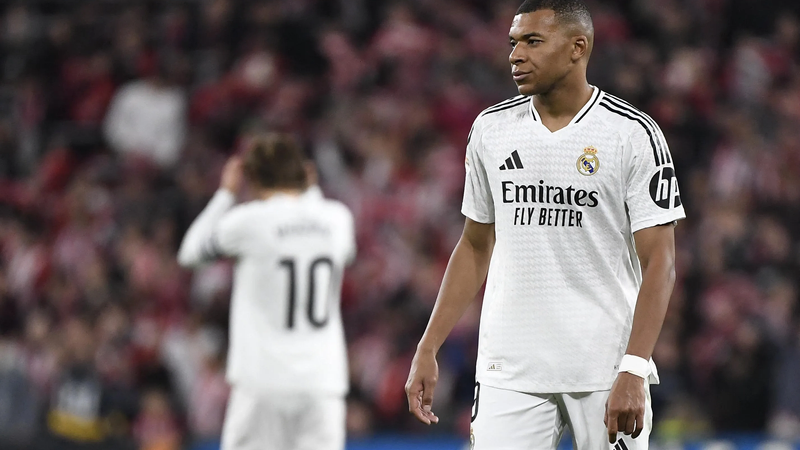 Real Madrid s French forward Kylian Mbappe reacts during the Spanish league football match between Athletic Club Bilbao and Real Madrid CF at the San Mames stadium in Bilbao